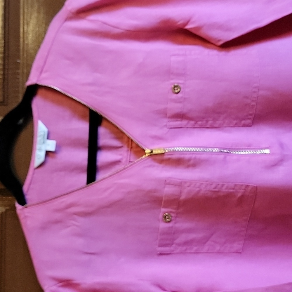 Ellen Tracy-Linen hot pink top with gold zipper with short roll sleeves. S. - Picture 5 of 11
